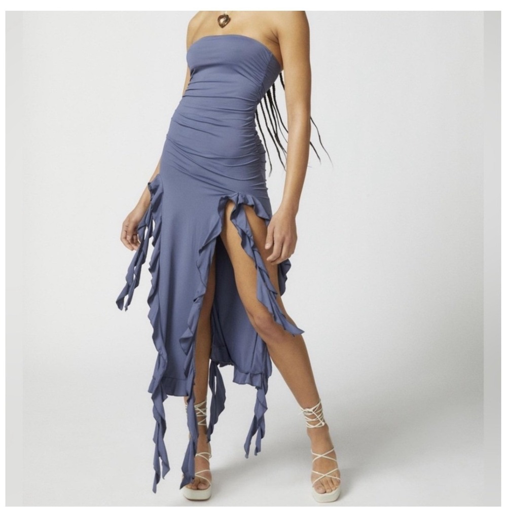 Lioness Rendezvous Strapless Ruffle Dress Slate Blue Asymmetric Hem Slit Sm NWT